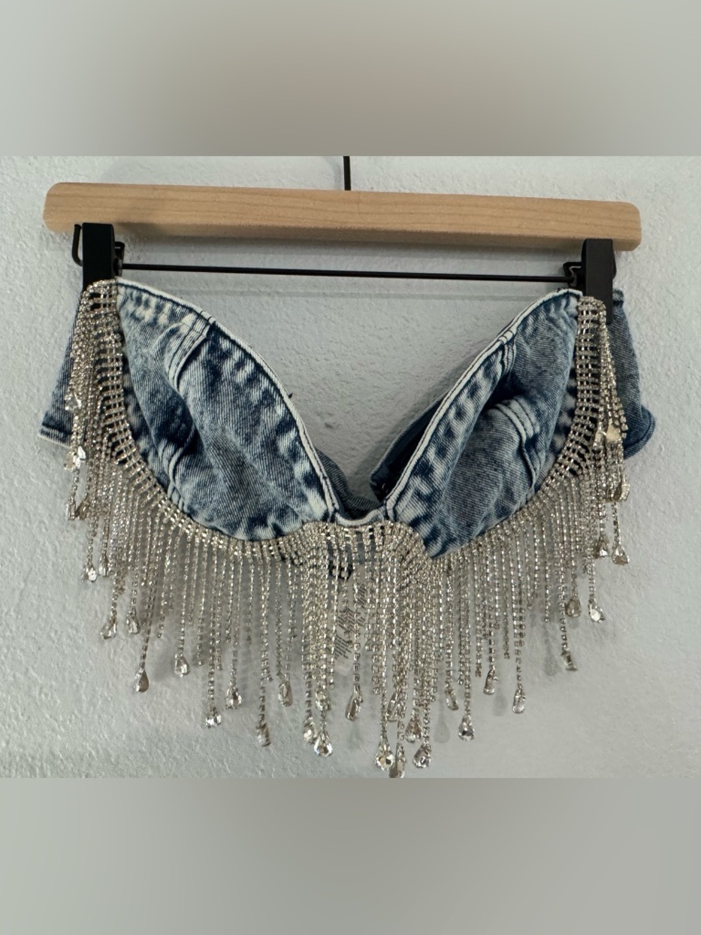 Nasty Gal Blue Washed Denim Bandeau Top with Rhinestone Dropped Beads Festival